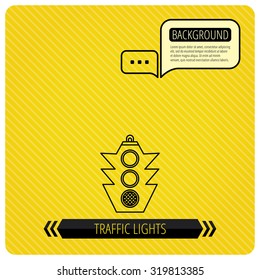Traffic light icon. Safety direction regulate sign. Chat speech bubbles. Orange line background. Vector