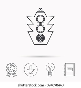 Traffic light icon. Safety direction regulate sign. Download arrow, lamp, learn book and award medal icons.