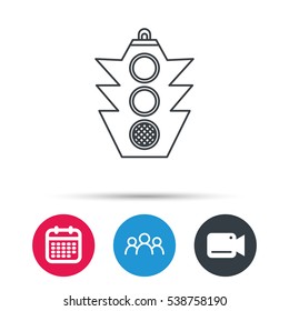 Traffic light icon. Safety direction regulate sign. Group of people, video cam and calendar icons. Vector