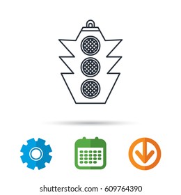 Traffic light icon. Safety direction regulate sign. Calendar, cogwheel and download arrow signs. Colored flat web icons. Vector