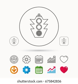 Traffic light icon. Safety direction regulate sign. Calendar, Graph chart and Cogwheel signs. Download and Heart love linear web icons. Vector