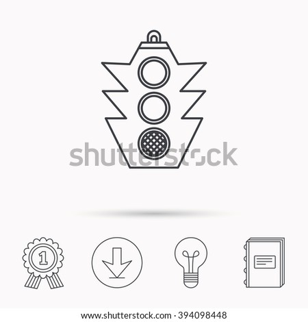 Traffic light icon. Safety direction regulate sign. Download arrow, lamp, learn book and award medal icons.