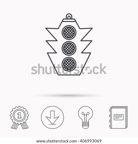 Traffic light icon. Safety direction regulate sign. Download arrow, lamp, learn book and award medal icons.