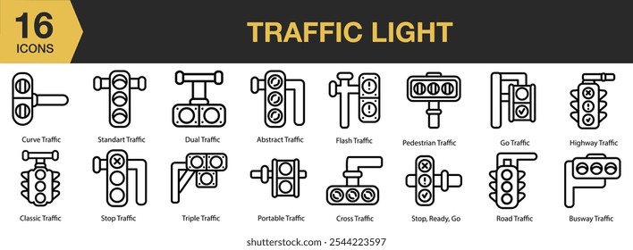 Traffic Light icon set. Includes traffic, safety, street, signal, go, warning, and More. Outline icons vector collection.