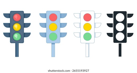 Conjunto de iconos de semáforo. Los semáforos mantienen el flujo fluido del tráfico. Señales de seguridad para la conducción, el transporte y el tráfico de la ciudad. seguridad Urbana. Ilustración de stock simple.