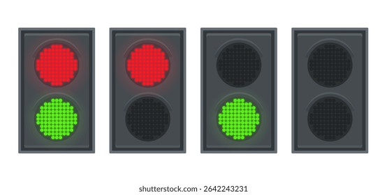 Traffic light icon set with red and green light. LED lamp road construction and safety regulation equipment. Vector clip art illustration.