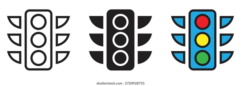 Conjunto de iconos de semáforo con señales rojas, amarillas y verdes. Perfecto para App de transporte, proyectos de seguridad vial y diseños de gestión del tráfico urbano.