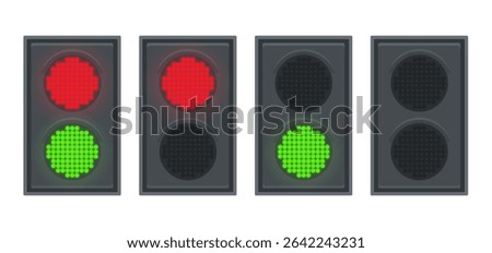 Traffic light icon set with red and green light. LED lamp road construction and safety regulation equipment. Vector clip art illustration.