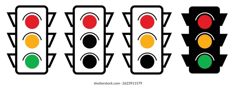 Traffic light icon set. Stoplight sign. Collection of traffic light signs. Traffic control light with green, white, yellow and red







