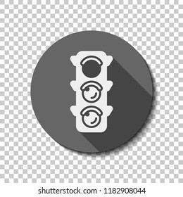 Traffic light icon. Sign of stop, red or stand. flat icon, long shadow, circle, transparent grid. Badge or sticker style