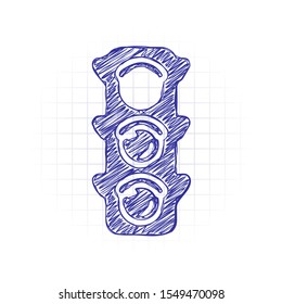Traffic light icon. Sign of stop, red or stand. Hand drawn sketched picture with scribble fill. Blue ink. Doodle on white background