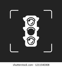 Traffic light icon. Sign of wait, yellow or ready. White object in camera autofocus on dark background