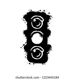 Traffic light icon. Sign of wait, yellow or ready. Black ink with splashes on white background
