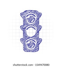Traffic light icon. Sign of wait, yellow or ready. Hand drawn sketched picture with scribble fill. Blue ink. Doodle on white background