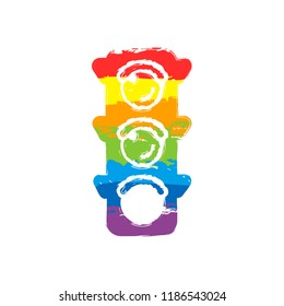 Traffic light icon. Sign of walk, green or go. Drawing sign with LGBT style, seven colors of rainbow (red, orange, yellow, green, blue, indigo, violet