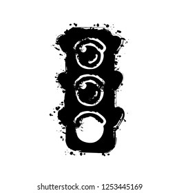 Traffic light icon. Sign of walk, green or go. Black ink with splashes on white background