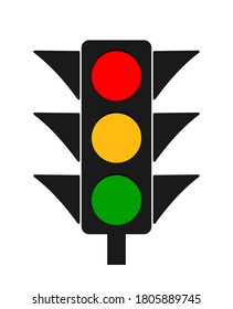 Traffic light. Icon of stoplight. Red, yellow, green signals for safety on road. Stop or go. Traffic lamps on street for warning. Sign of crosswalk for regulation. Equipment for crossroad. Vector.