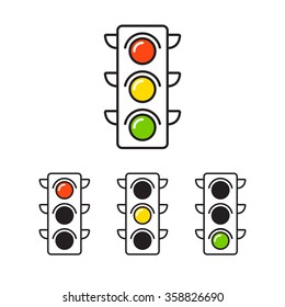 Icono de semáforo con tres estados: rojo, amarillo y verde. Ilustración vectorial en estilo de línea delgada.