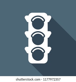 Traffic light icon. White flat icon with long shadow on background