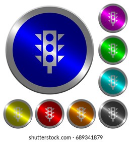 Traffic light icons on round luminous coin-like color steel buttons