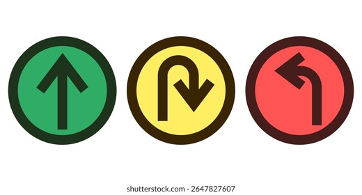 Traffic light icons. Round road signals. Color arrow symbols. Vector transport shapes.