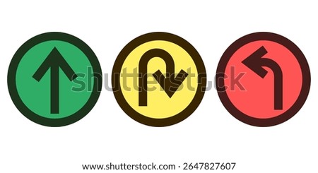 Traffic light icons. Round road signals. Color arrow symbols. Vector transport shapes.