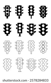 traffic light icons set simple clean and smooth line and fill vector icons in black on a white background.
