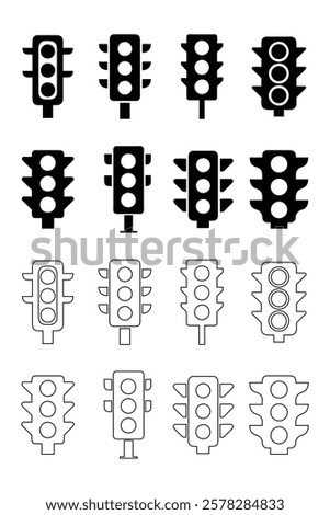 traffic light icons set simple clean and smooth line and fill vector icons in black on a white background.
