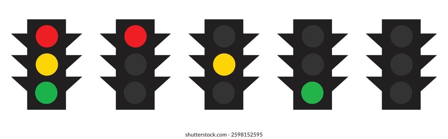 Traffic light icons showing red, yellow and green signals in different active states used for road signs and control indicators.