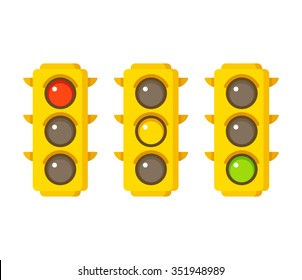 Traffic light icons in three states: red, yellow and green. Vector illustration in flat cartoon style.