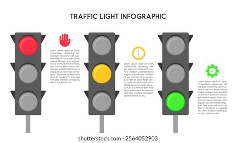 Traffic Light Infographic Set with Red, Yellow, and Green Signals Vector Illustration