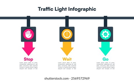 Traffic Light Infographic with Stop, Wait, and Go Signals Featuring Icons and Downward Arrows Vector Illustration