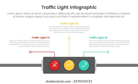 Anuncio de Plantilla de infografía de semáforo con luces Horizontales en la parte inferior con dirección de datos de línea con información de lista de 3 puntos para Vector de presentación de diapositivas