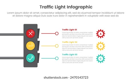 Anuncio de Plantilla de infografía de semáforo con grandes luces y datos de pila base de línea circular con información de lista de 3 puntos para Vector de presentación de diapositivas