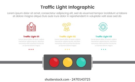 traffic light infographic template banner with horizontal lights on bottom with 3 point list information for slide presentation vector