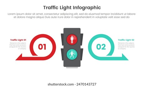 Anuncio de Plantilla de infografía de semáforo con círculo de contorno de flecha creativa en dirección opuesta con información de lista de 3 puntos para Vector de presentación de diapositivas