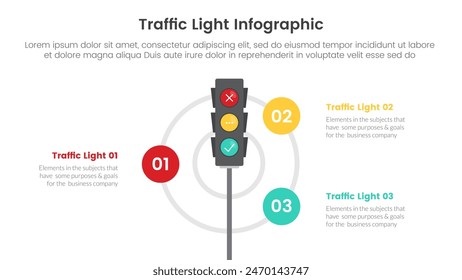 Anuncio de Plantilla de infografía de semáforo con luces de pie y punto circular de ciclo con información de lista de 3 puntos para Vector de presentación de diapositivas