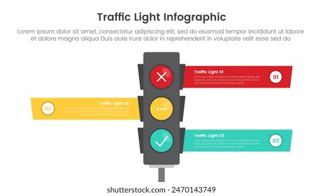 traffic light infographic template banner with standing lights center and creative box container with 3 point list information for slide presentation vector