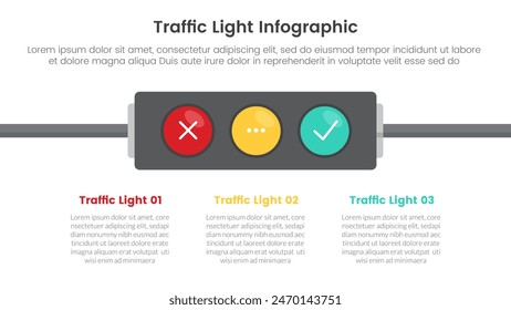 Anuncio de Plantilla de infografía de semáforo con objeto de luces Horizontales en el centro con información de lista de 3 puntos para Vector de presentación de diapositivas