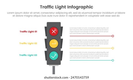 Anuncio de la Plantilla de la infografía del semáforo con las luces de pie con la descripción inferior de la línea con la información de la lista de 3 puntos para el Vector de la presentación de diapositivas