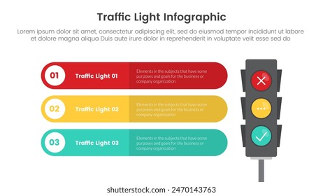 traffic light infographic template banner with round rectangle box stack with circle on edge with 3 point list information for slide presentation vector