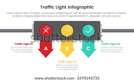 traffic light infographic template banner with horizontal direction with arrow bottom direction with 3 point list information for slide presentation vector