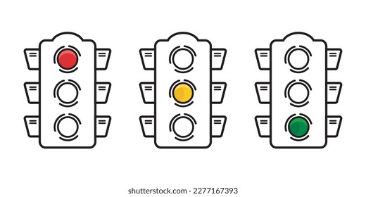 Traffic light interface icons. Traffic light signal on road. Traffic light icon. Direction, control, arrangement of transport and pedestrians. Traffic signs. Vector illustration.