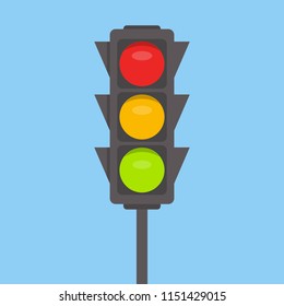 Traffic light isolated icon. Green, yellow, red lights vector illustration on blue sky background. Road Intersection, regulation sign, traffic rules design element.