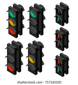 Traffic light in isometric view. Green, red and yellow lights. Pedestrian traffic controller. Vector illustration.