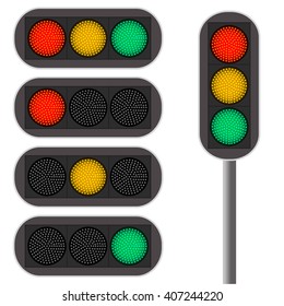 Traffic Light. Led Backlight. Red Color. Continued Movement On The Green Light. Cars At The Intersection. The Rules Of The Road. Vector Illustration.