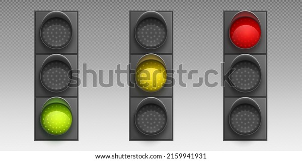 Traffic light with led lamps, green, yellow\
and red stoplight signals for cars movement regulation on road.\
Street semaphore, electric tool design elements, isolated Realistic\
3d vector illustration