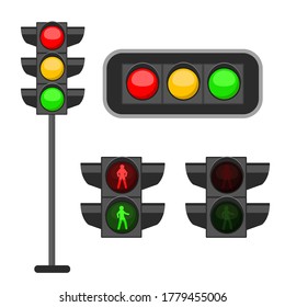 Traffic light. Led lights red, yellow and green colors signals street regulation, crosswalk and road safety, control accidents, web design banner vector set isolated on background