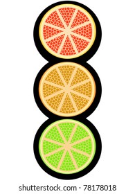 Traffic light made of citrus fruit