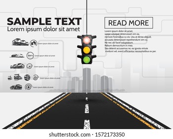 Traffic light and marked road leading to the city, transport infrastructure infographic.